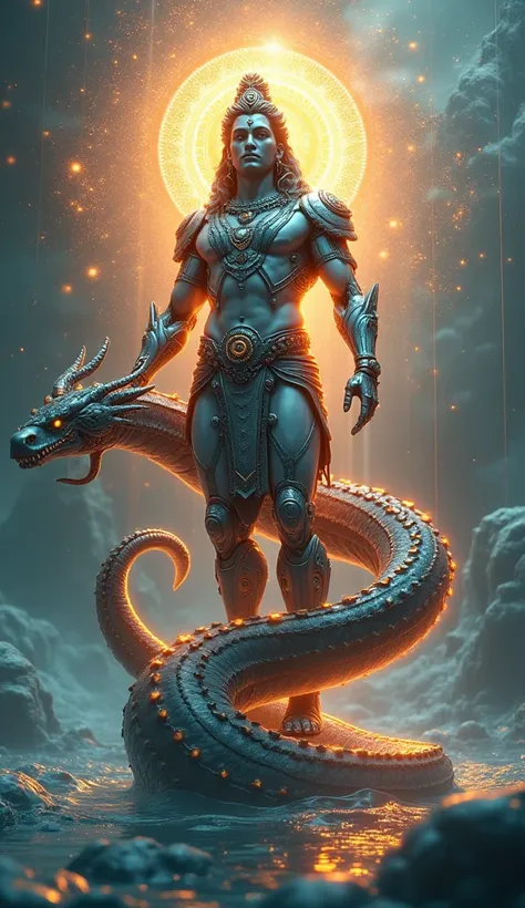 ((masterpiece, highest quality,  High resolution, photorealistic, Extremely detailed CG unified 16k wallpaper))
"(An extraordinary depiction of Lord Vishnu in a futuristic form, embodying preservation and cosmic balance enhanced with advanced technological...