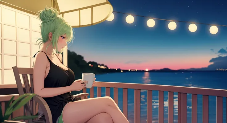 "A woman med boobs with pastel green and pink hair styled in a messy bun sits on a wicker chair on a seaside rooftop terrace. She wears a black tank top and soft pajama shorts, her laptop balanced on her lap as she sips from a steaming cup of coffee. The s...