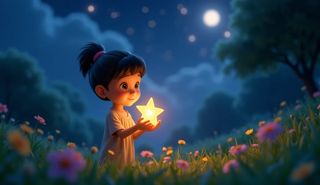 A magical, glowing star twinkling brightly in the night sky, surrounded by soft clouds. Below, a  stands in a lush, magical meadow, holding the glowing star gently in their hands, with awe and wonder in their eyes. The star casts a warm, sparkling light ov...