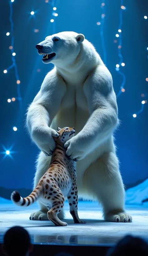 “The stage now includes both mutant actors – a huge polar bear representing the rock and an elegant lynx representing John Cena. The two animals appear to be working together in a lively and captivating performance. (I want both the polar bear and the eleg...