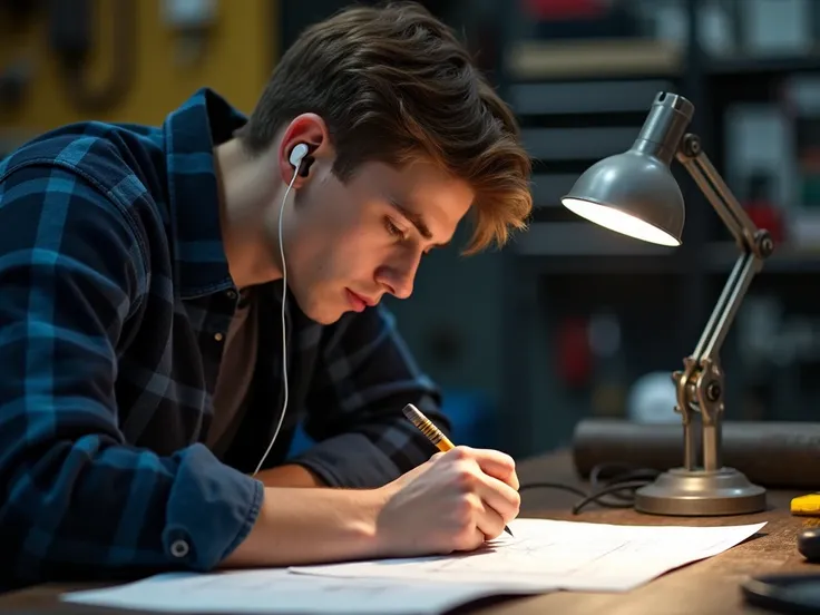 Mechanic teenage man, sitting at a workshop bench with a lamp, scratching out a blueprint while listening to music on wired earbuds. Hes wearing a dark blue flannel.