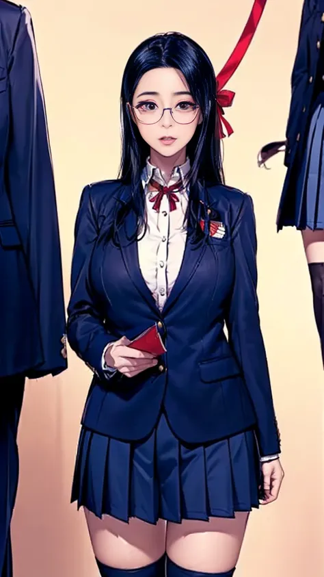 (best quality:2.0), (extremely detailed:2.0), (highly detailed:2.0),(Toka Akiba, a diligent and sincere class president with a hidden playful side),(Dressed in a perfectly ironed school uniform: a navy blazer with a neatly tied red ribbon, a pleated skirt,...