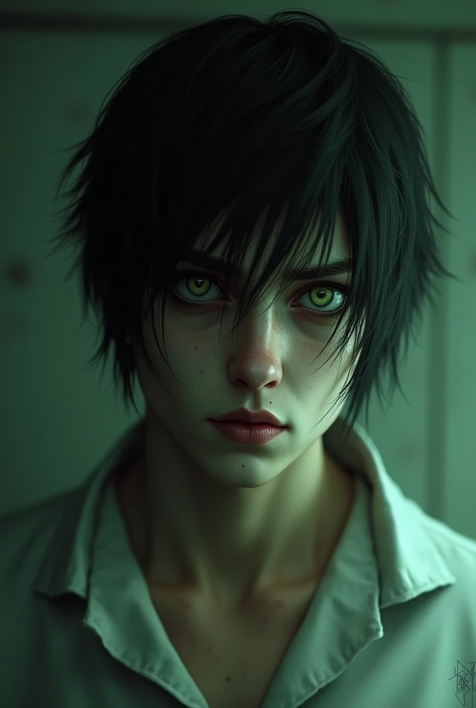 A male character from a video game.
black-haired and disheveled , with penetrating green eyes and angular features. Ha unespressione pazzoide  e quasi cupa.  Wears a psychiatric gown .
stile videogame PS2 horror 

