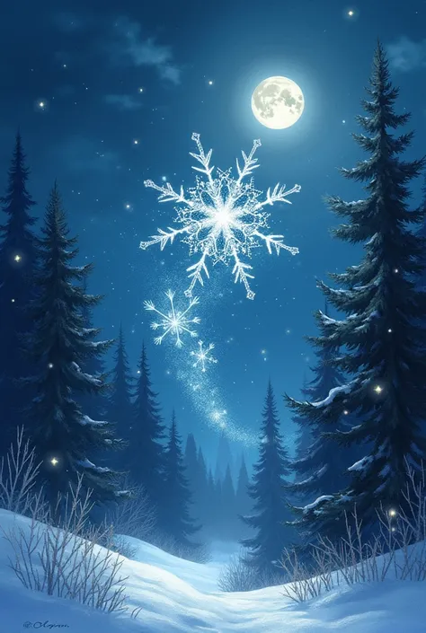 snowflake flying high above the forest, New Years Eve, magical atmosphere, festive mood, artistic style of acrylic watercolor, clear texture, careful drawing of details, dynamic line, blurred ink, whimsical, charming illustration, by olegsan