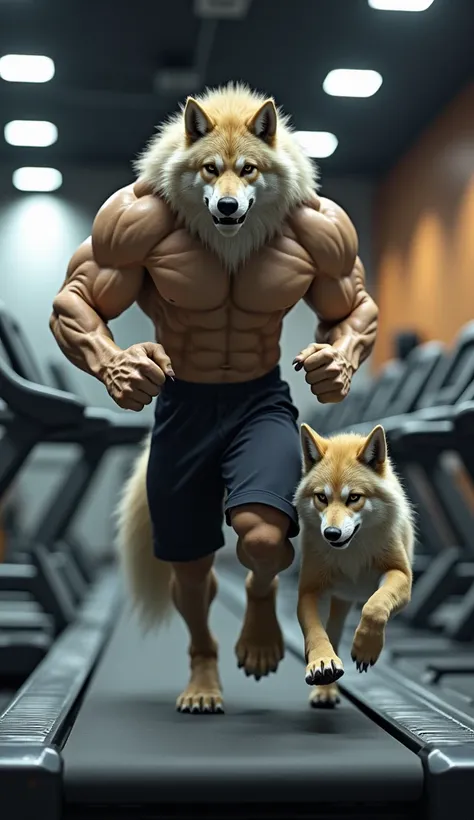 Make anthropomorphic muscular wolf and cub look like human  his face looks like animals doing exercise in gym in running machine each running machine father and son