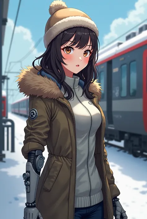  Girl train mechanical engineer wearing winter clothes. She has a prosthesis instead of her right arm . she has big breasts.  Anime style 