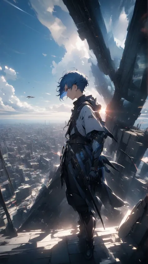 day,blue Sky,  Beautiful Skyline , Extremely tense and dramatic photo , Moving visual effects , Brilliant natural light .in the distance,Long blue hair,boy with blue hair,Short Hair,雲