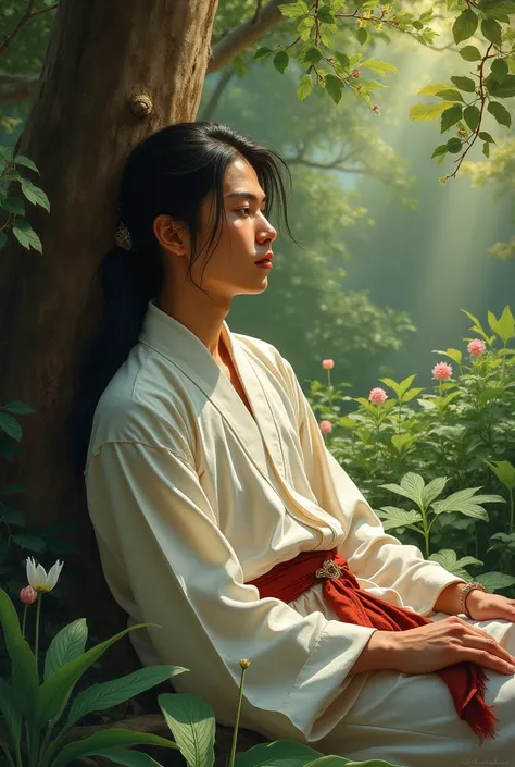 Painting of a young Thai man with long hair, wearing a Chinese Hongte dress, standing in the garden, wet skin, sitting leaning against the base of a tree