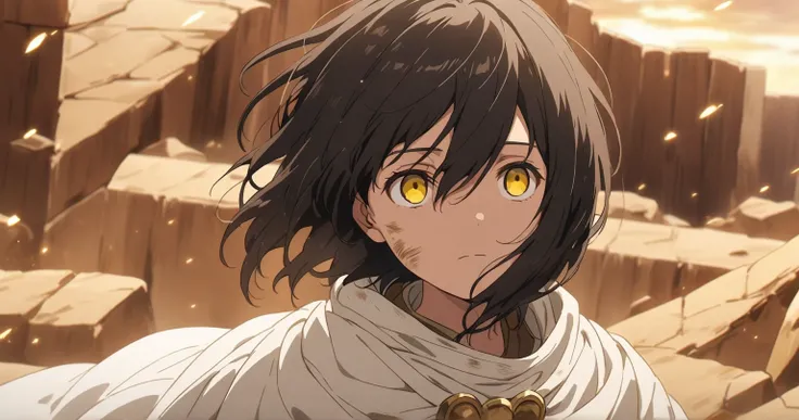 desert　temple　Ruins　Black Bob　Brown girl　 one eye is hidden　A tattered and dirty white cloak　anime, yellow eyes, empty eyes, closed mouth, looking afar, Alone, 