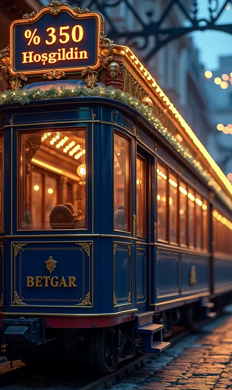 "A luxurious scene showcasing an antique-style open platform train carriage. The train carriage is adorned with elegant gold details and festive lights, creating a majestic atmosphere. Painted in royal blue tones, the carriage features the name BETGAR in b...