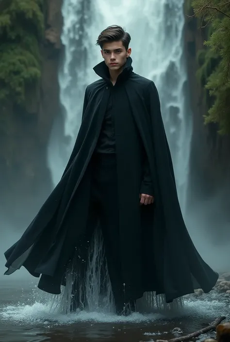 A handsome boy black pentcoat wearing also good look and water falling from his backside