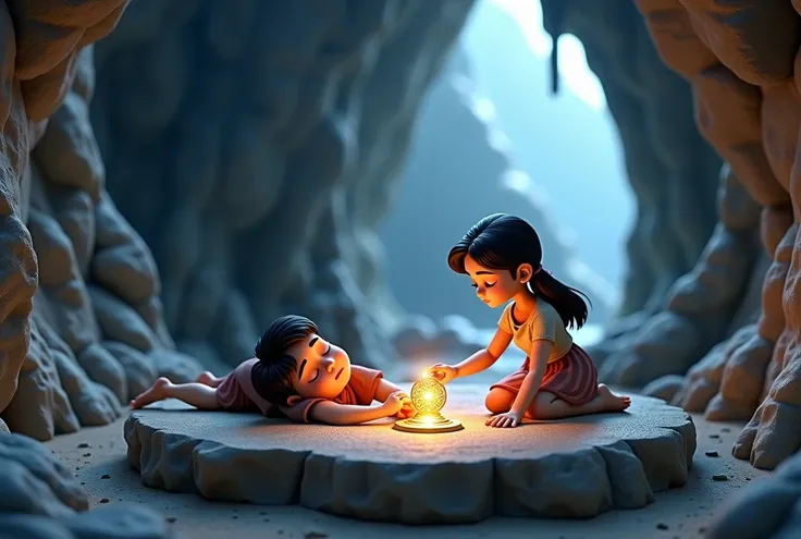 In 3D animation style: a boy Aarav infainted situation on a rock stage in a cave and a girl watching him and she lay down amulet on stage