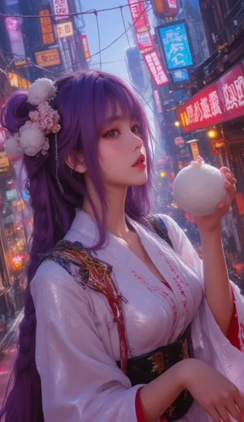 bang,  braided ,   wide sleeve,  headdress, Japanese clothing, My name is Obi , ( purple hair: 1.2),   very long hair ,  straight hair ,   Watching Viewers , Beautiful woman holding rice balls ， very detailed background , ( picturesque and realistic : 1.2)...