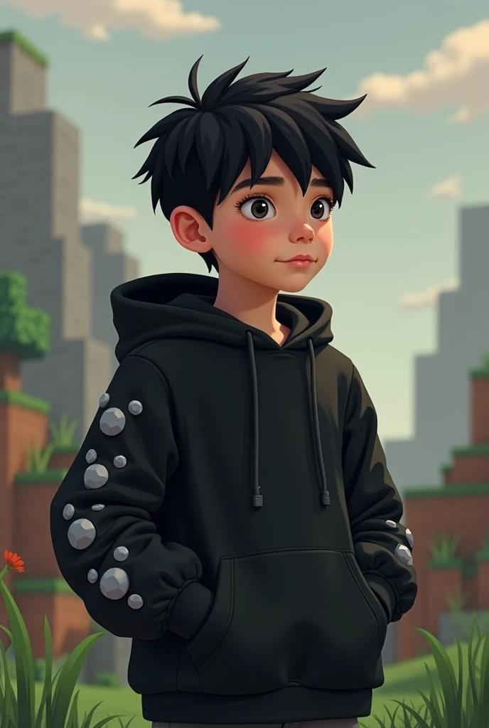 Black haired boy wearing a black hoodie with spots on the sleeves of the Minecraft hoodie Minecraft 4:3