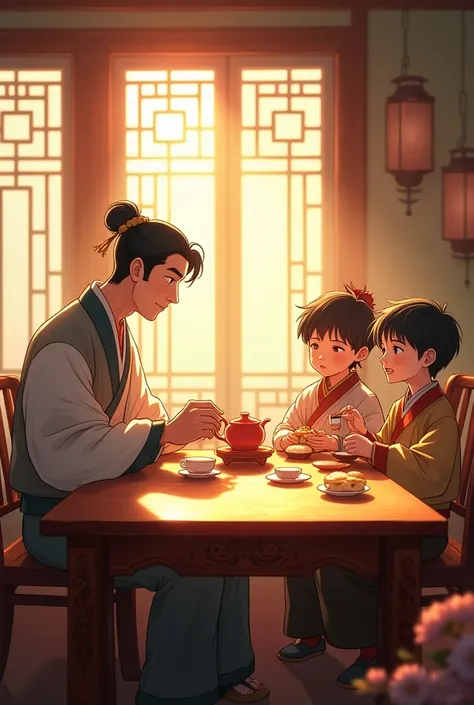 **"A grown man and two adorable young boys, around 8 to , sit together at a long, elegant antique tea table with intricate carvings and a poetic charm, set in a vintage tea room with traditional Chinese décor. The man, dressed in ancient Chinese attire, ca...