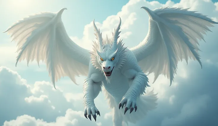  and the ancient Chinese mythical beast Tenshi with a white color scheme，Without four claws ，, a giant python-like head ，, a fierce face ，Has wings， a picture circling in the sky ， requires a big scene ，