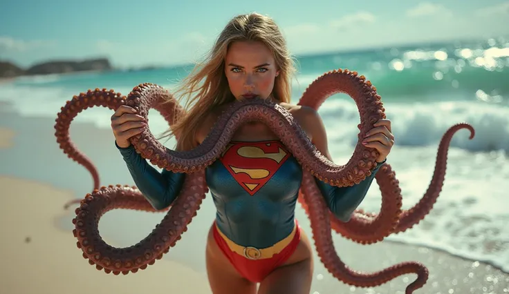 Super girl, classic Superman outfit, very low-cut, big bust, she is trapped by octopus tentacles that wrapped around her arms, legs and neck, she holds the huge tentacle that is inside her mouth with her hands, she is standing on the sand at the edge of th...