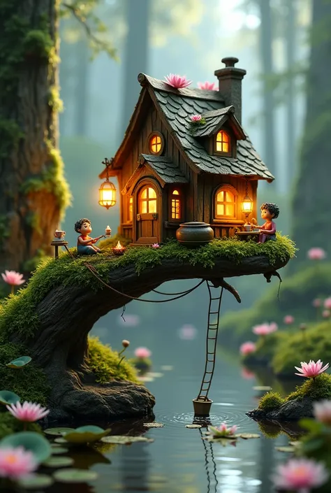 # A tiny, whimsical miniature house perched on a curved tree branch, surrounded by vibrant moss, glowing lanterns, and delicate pink flowers on the roof. The house glows warmly with golden light from its tiny round windows, evoking a cozy, enchanted feelin...