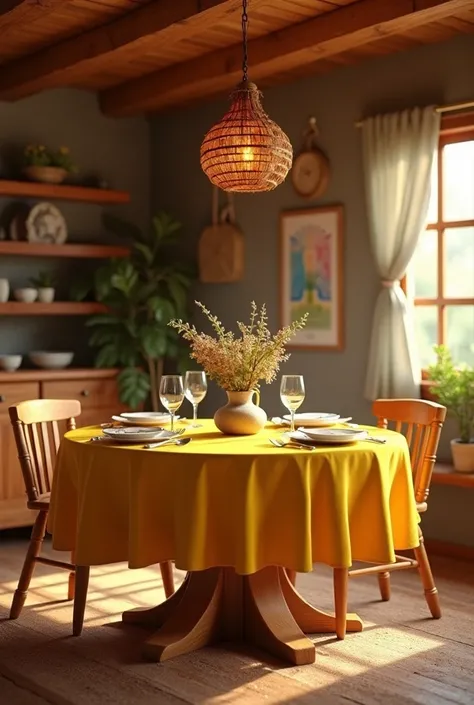  Round wooden dining room, with yellow tablecloth  