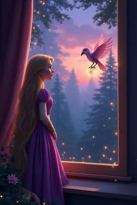 
Rapunzel gazing out of the window with longing in her eyes. The forest beyond glows with an ethereal light, and a magical bird with radiant feathers flies toward her, carrying a glowing flower. The sky is painted with hues of twilight, adding drama and wo...