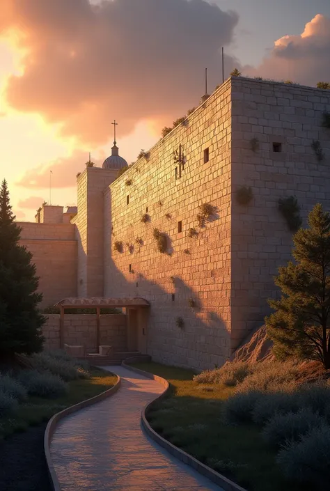 realistic style dream image of the wailing wall in jerusalem, landscape at dusk