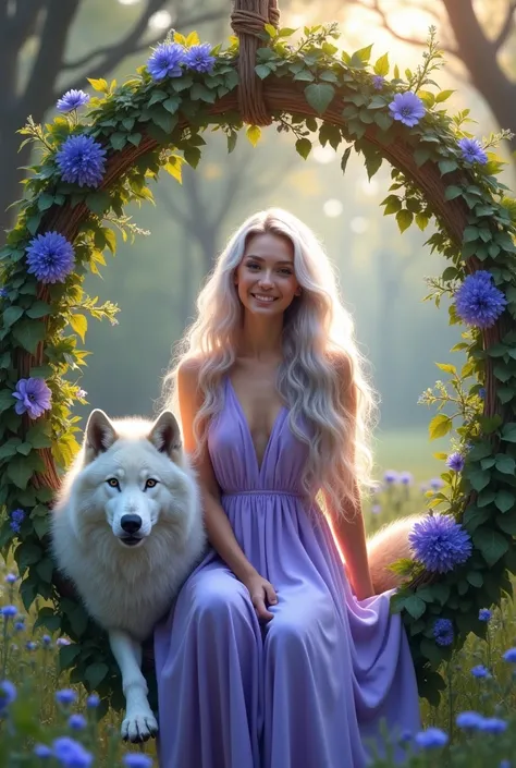 sitting on a hanging round ivy swing decorated with blue vibrant flowers, wearing a loose floral lavender dress accented by her long white, violet curly hair, smiling at me A beautiful and young  girl, soft white skin like a cloud, magical lavender and whi...