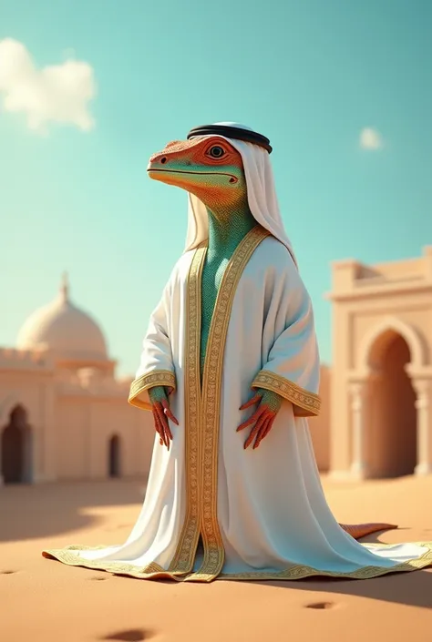 Make the lizard wear a white Arab dishdasha in fully khaleeji traditional clothes