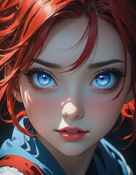 Crazy looking girl with red hair and blue eyes
, LowKeyLights