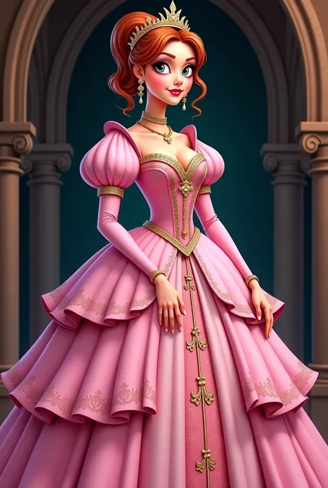  cartoon of a woman in a pink dress with a crown on her head, Thyrza Anne Leyshon , Tumbler, Art Nouveau, medieval princess ,  girl in a pink ballroom dress, Megara ,  The Princess of Nosferatu ,  in a Tudor-style dress , Wearing flashy clothes, Digital co...