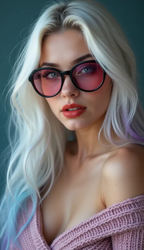 sexy girl, fully body, sweater only, without clothes down, half-open sweater, seducing gaze, seduction, biting half of the lips, white hair with highlights, blue, magenta, cyan and red, with large glasses with very round lenses,