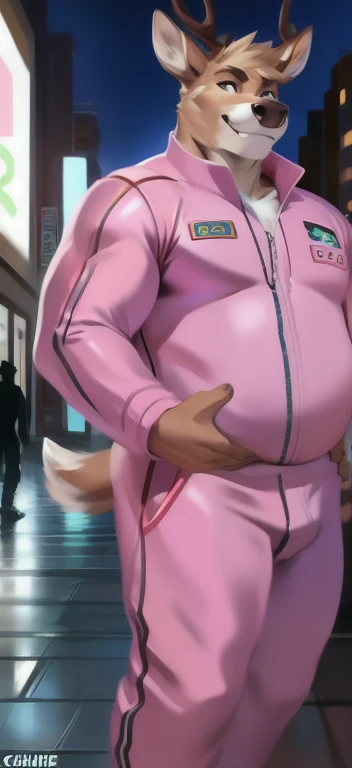 Solo, male Tall​, huge​ body​,​standing, street,pig deer ice ​pink​ ​​,Agave,pink military spacesuit, overweight, muscular, smirking, by chunie