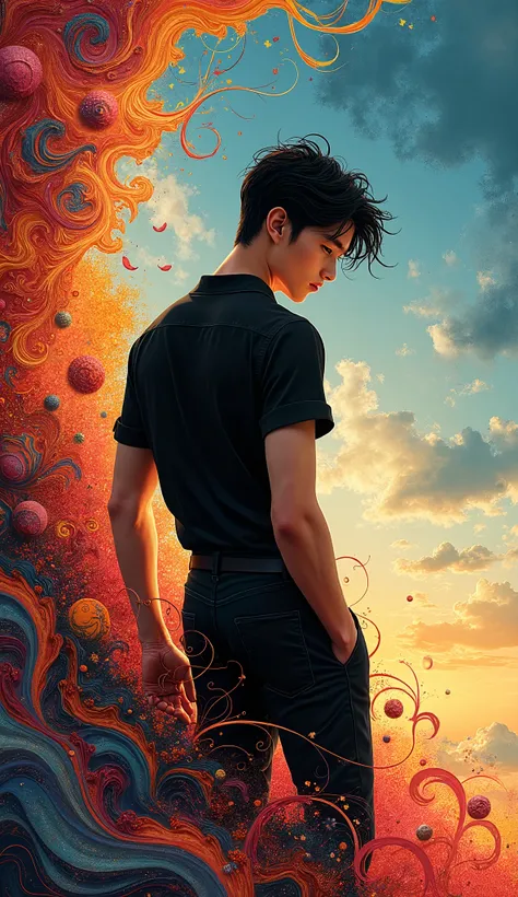  Official Art， Unified 8K Wallpaper ， super detailed ，Beauty and aesthetics，masterpiece， best quality，（ zentangle， Morning Glory ，Tangle，Intertwined），（ fractal art ：1.3），1 young man is turning his back ，  black hair、 black short sleeve shirt 、 black slacks...