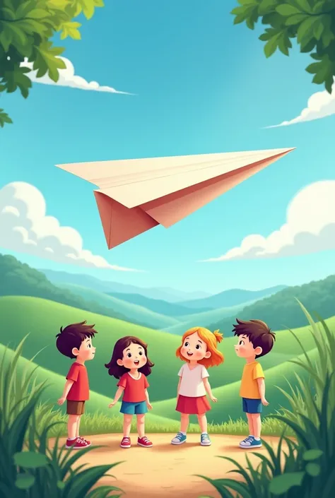 Make design paper plane 365 days and there are standing boys and girl with beauty scenery