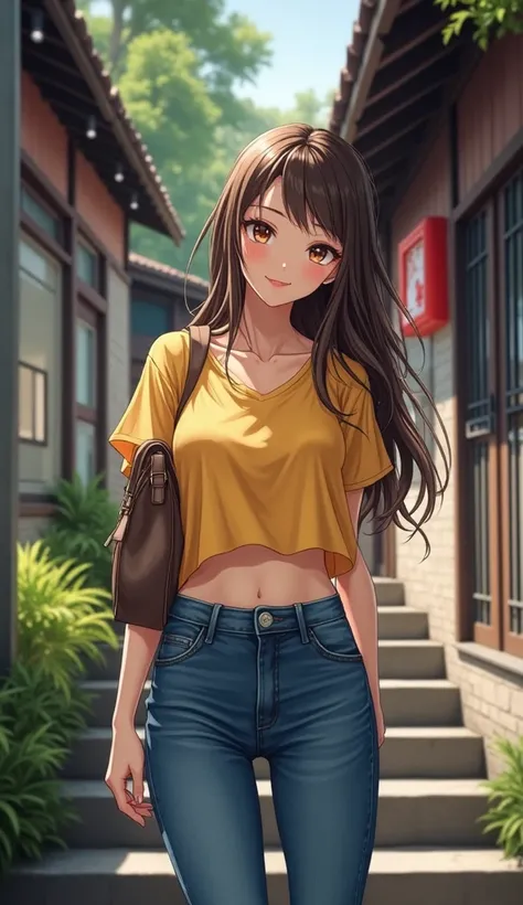 anime girl in yellow top and jeans standing on steps, attractive anime girl, anime visual of a cute girl, beautiful anime girl, wearing casual clothes, seductive anime girl, realistic anime 3 d style, casual clothing, casual pose, an anime girl, realistic ...