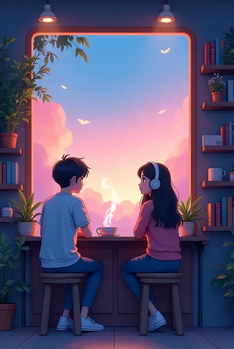 Quiet cafe at dusk 、 2D illustration of young people sitting by the window and listening to music with headphones 。 pale pink and blue gradation sky 、 Chill atmosphere with foliage plants and books arranged on shelves 。 emphasizes relaxation with steam ris...