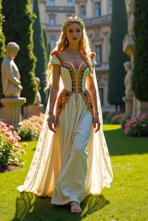 An enchanting medieval European queen in her early 20s with radiant golden blonde hair styled in soft, cascading waves, walking gracefully through a majestic castle garden. She wears a sparkling tiara encrusted with fine gemstones, elegantly crowning her h...