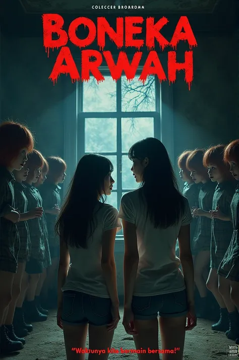 Create black color movie poster a-style horror movie poster titled ‘BONEKA ARWAH.’ The poster features close up of two beauty woman korean wearing tshirt ,covering flanel tshirt ,long pant,affraid face expresion looking to camera,have attack from one a lif...