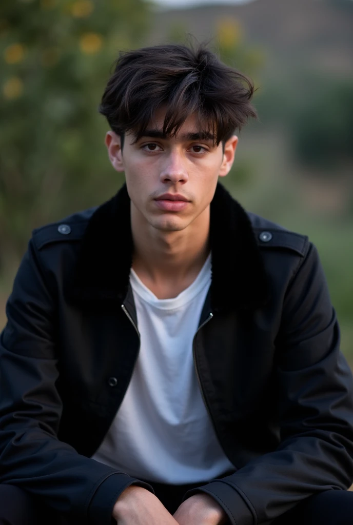 A young man with dark, slightly tousled hair is depicted sitting calmly. He wears a black jacket with a plush collar over a white t-shirt. His expression is neutral, gazing directly at the viewer, conveying a sense of introspection. The background features...