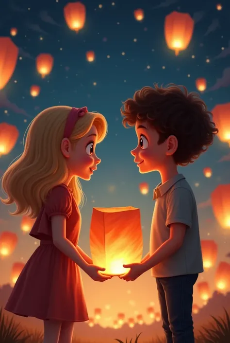 Create a girl and boy facing each other while they throw a lantern. The style of the image is REALISTIC. The girl is blonde with brown eyes and the boy has curly brown hair. The background is a starry night full of lanterns