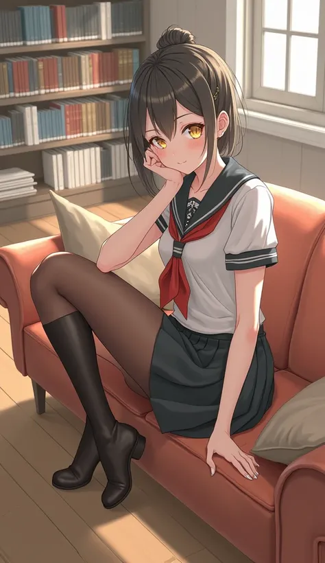 anime girl sitting on a couch in a room with a bookcase, attractive anime girl, beautiful anime high school girl, seductive anime girl, realistic schoolgirl, beautiful alluring anime teen, a hyperrealistic schoolgirl, anime visual of a cute girl, beautiful...