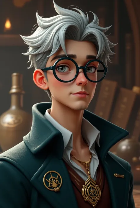 male，young，personal，gray hair， Black Frame Round Glasses， wizard，High resolution