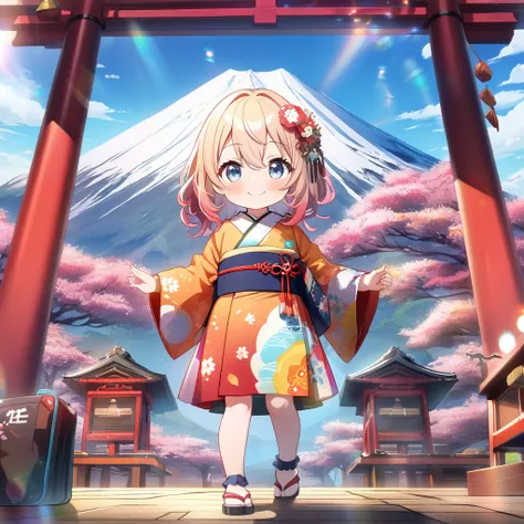 masterpiece, best quality, 4k、((2D illustration))、one beautiful girl、(((chibi style)))、solo、((cute chibi))、((lens flare))、((warm colors))、((long beautiful hair)), glossy blonde hair, gradient hair color, hair between eyes, beautifully detailed eyes, ((Japa...