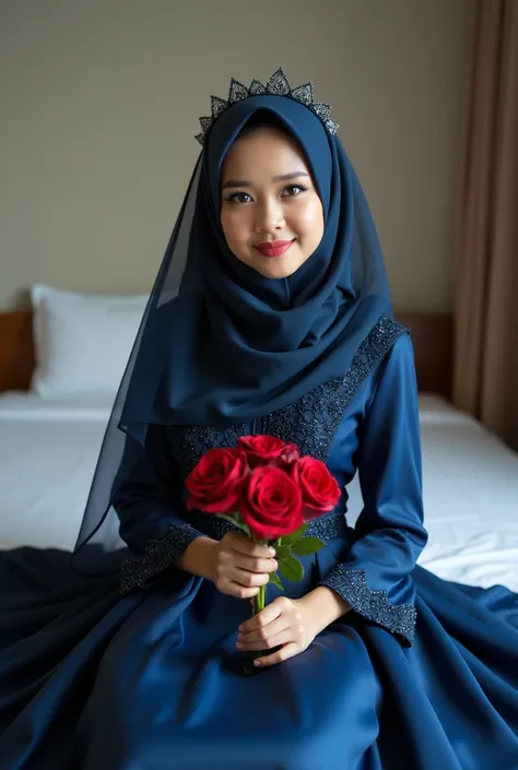  A beautiful Indonesian girl wearing an elegant dark blue wedding dress,wearing hijab and holding red roses , sitting on a mattress facing the camera  A beautiful Indonesian girl wearing an elegant dark blue wedding dress,wearing hijab and holding red rose...