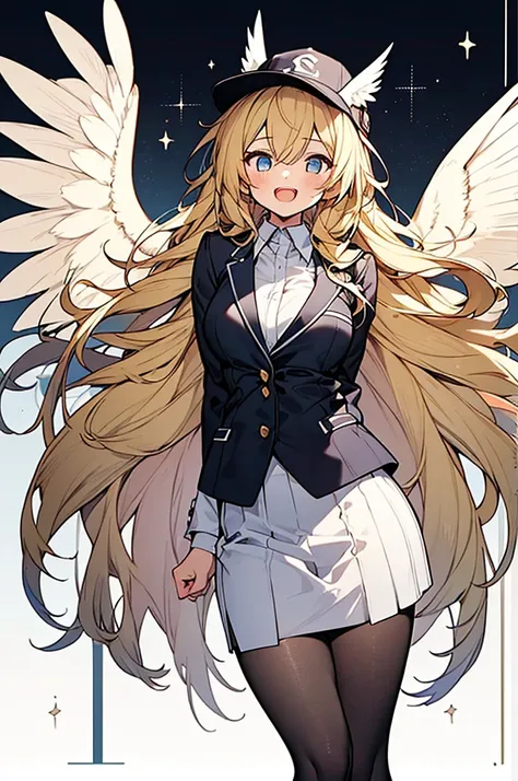 1girl,((harpy girl)), (blonde hair,messy hair, ultra long hair, harpy bird ears, harpy bird wings), big female-melons, school blazer uniform, baseball-cap, open mouth smile,   (Voice:Miku Ito),masterpiece,best quality,ultra detailed, very aesthetic, hyper ...