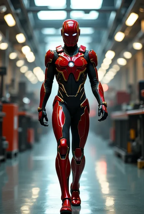 [Perfect Dynamic Cinematic IMAX Live-High-Action Scene] A sleek confident man cyborg walks through a futuristic workshop, her reflective red and black armor with gold accents gleaming under bright, diffused lighting [Emotion] Confidence & Precision - her s...