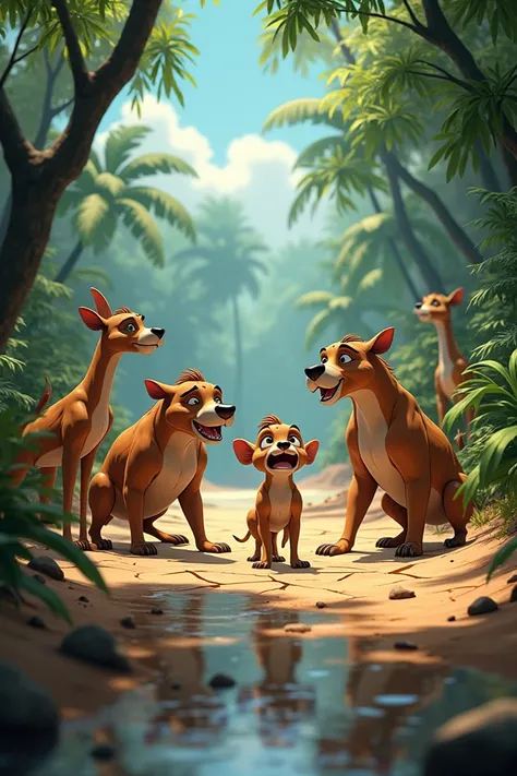 Water Scarcity in the Jungle:

A dry, parched landscape with animals looking desperate and thirsty, emphasizing the lack of water.disney animated 
