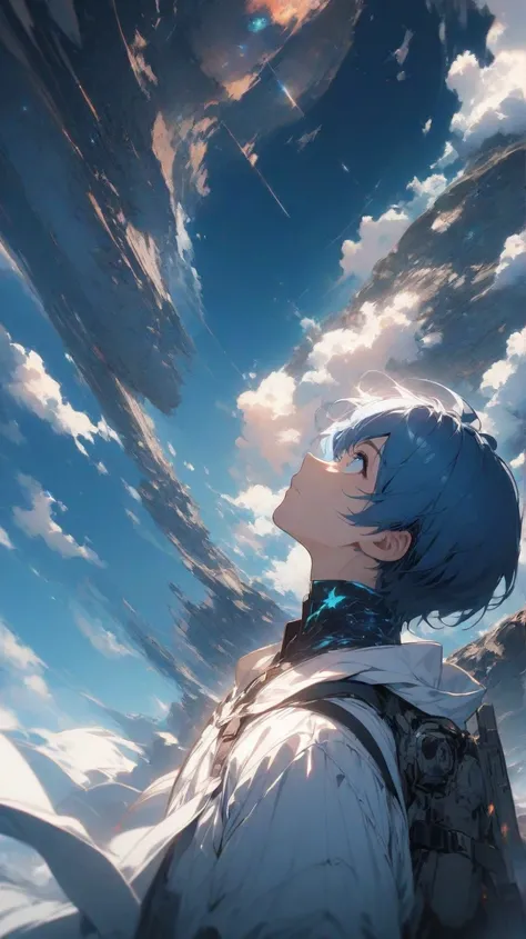 boy with blue hair,Look at the Earth, it&#39;s a distorted world　From the side,blue sky, looking up at the sky,Short Hair