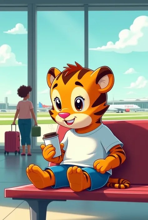 "Inside a cheerful airport terminal, Speed, the fluffy tiger in his signature white T-shirt and blue shorts, sits on a bench near the arrivals area. He’s holding a coffee cup, looking eager and checking his watch. Behind him, travelers and luggage add to t...