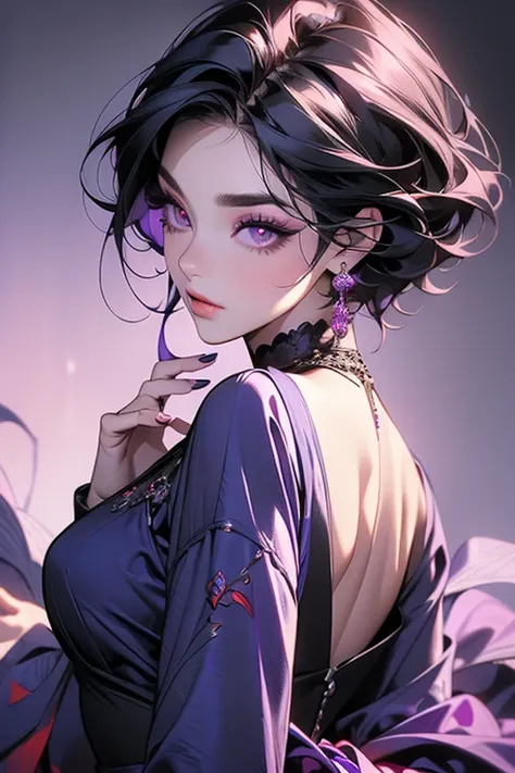 ( top quality , masterpiece:1.2),   high res ,  super detailed ,  realistic:1.37,  fantasy ,  illustration,  red eyes,  queen , Purple Dress.Platinum decoration、  beautiful 、  eyeshadow red、 thick eyebrows、 has long eyelashes、((Her hair is short)).((  hair...