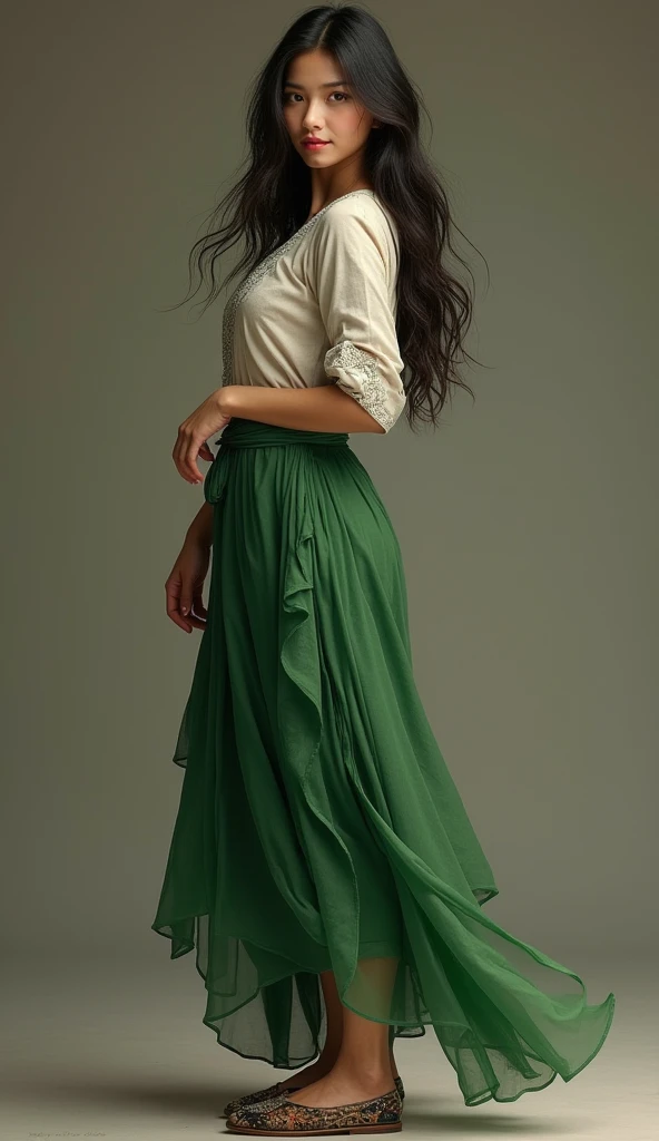 beautiful myanmar girl hair long dress is green longyi,shoe is myanmar shoe